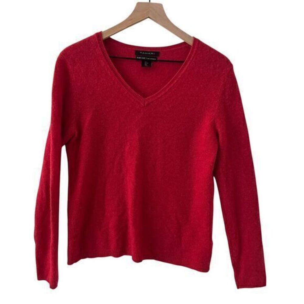 Tahari Pure Lux Red 100% Cashmere V-Neck Soft Long Sleeve Sweater Size L